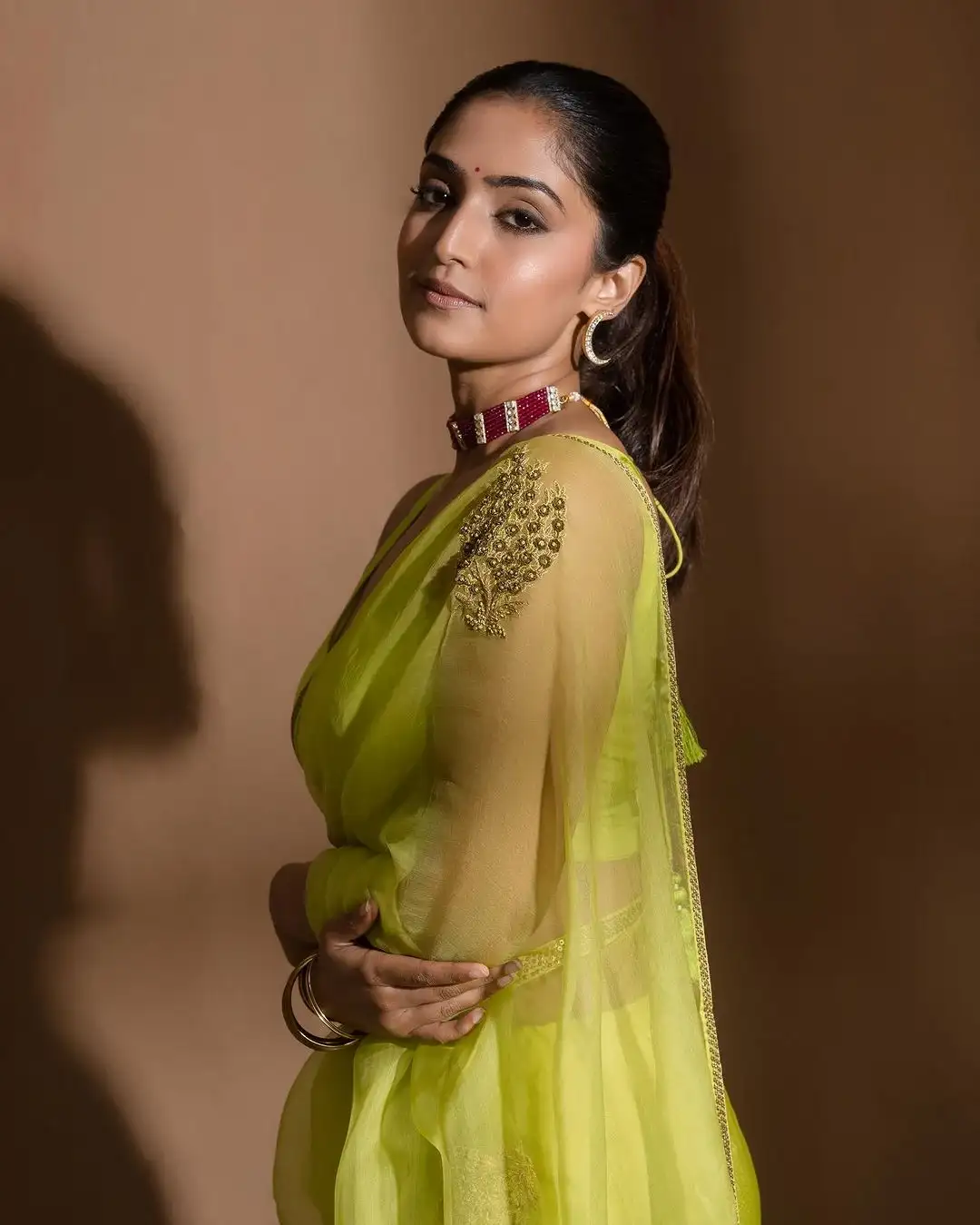 Indian Actress Reba Monica John In Lemon Green Saree